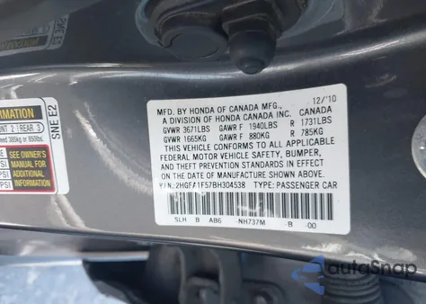 2011 Honda Civic Lx from USA, damaged, VIN 2HGFA1F57BH304538
